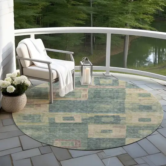 8' Sage And Gray Round Geometric Washable Indoor Outdoor Area Rug Photo 7