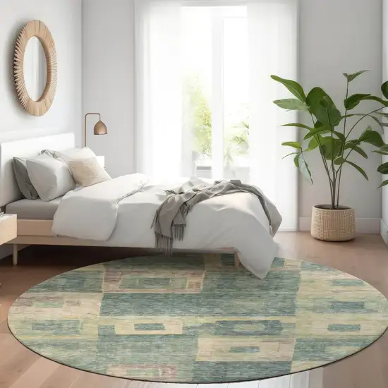 8' Sage And Gray Round Geometric Washable Indoor Outdoor Area Rug Photo 8