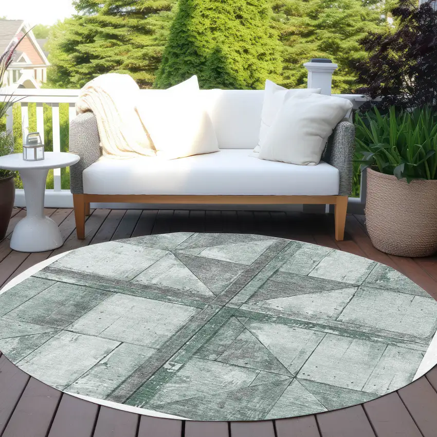 8' Sage And Gray Round Geometric Washable Indoor Outdoor Area Rug Photo 5