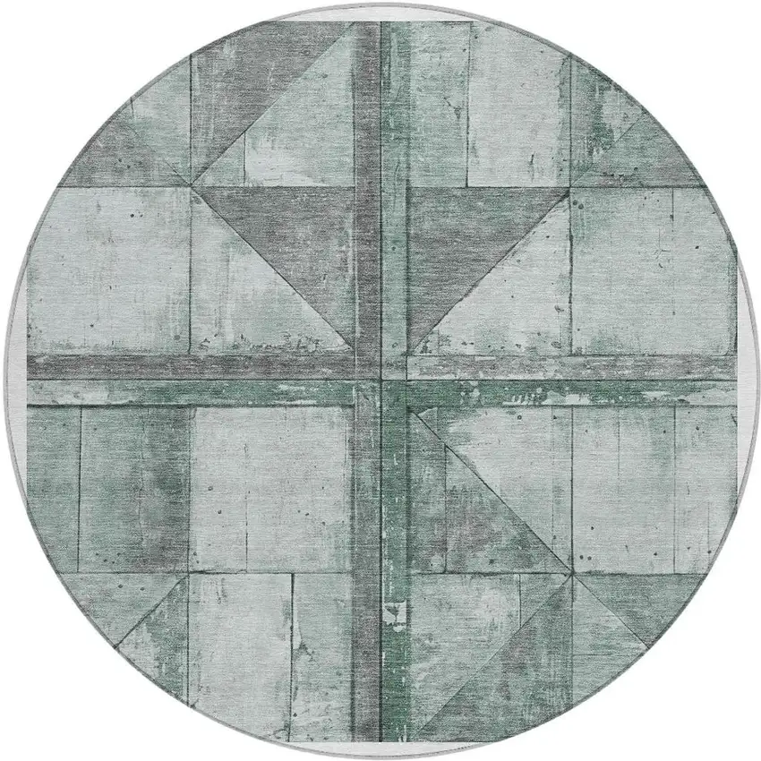 8' Sage And Gray Round Geometric Washable Indoor Outdoor Area Rug Photo 4