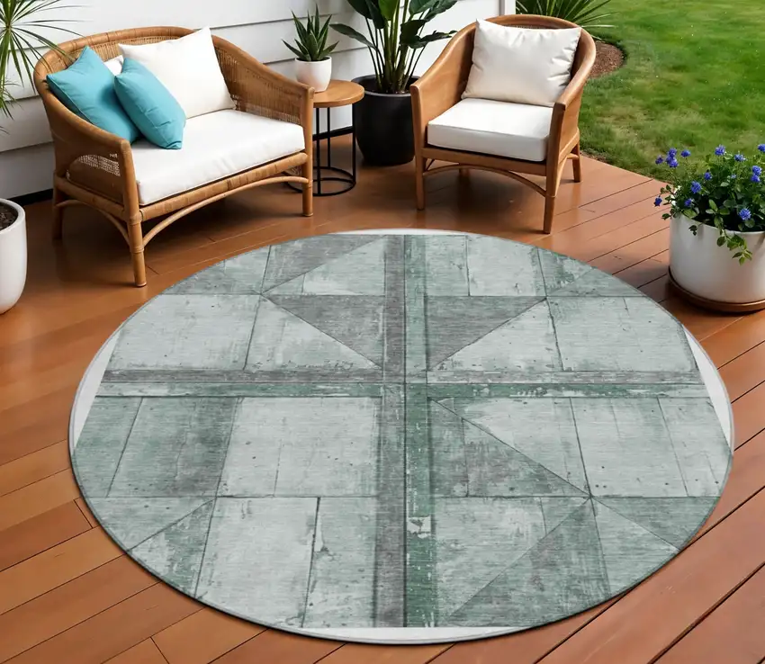 8' Sage And Gray Round Geometric Washable Indoor Outdoor Area Rug Photo 2