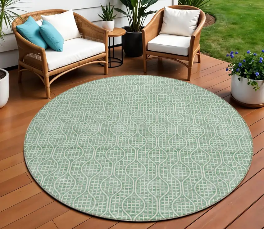 8' Sage And Gray Round Geometric Washable Indoor Outdoor Area Rug Photo 1