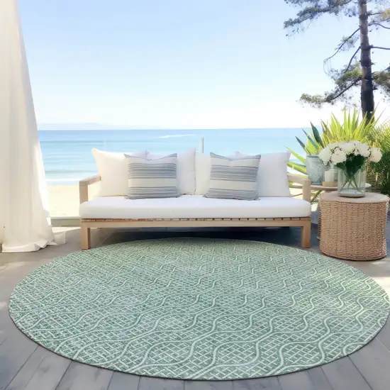 8' Sage And Gray Round Geometric Washable Indoor Outdoor Area Rug Photo 5