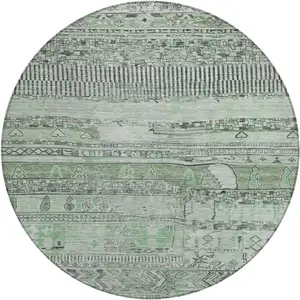 Photo of 8' Sage And Gray Round Striped Washable Indoor Outdoor Area Rug