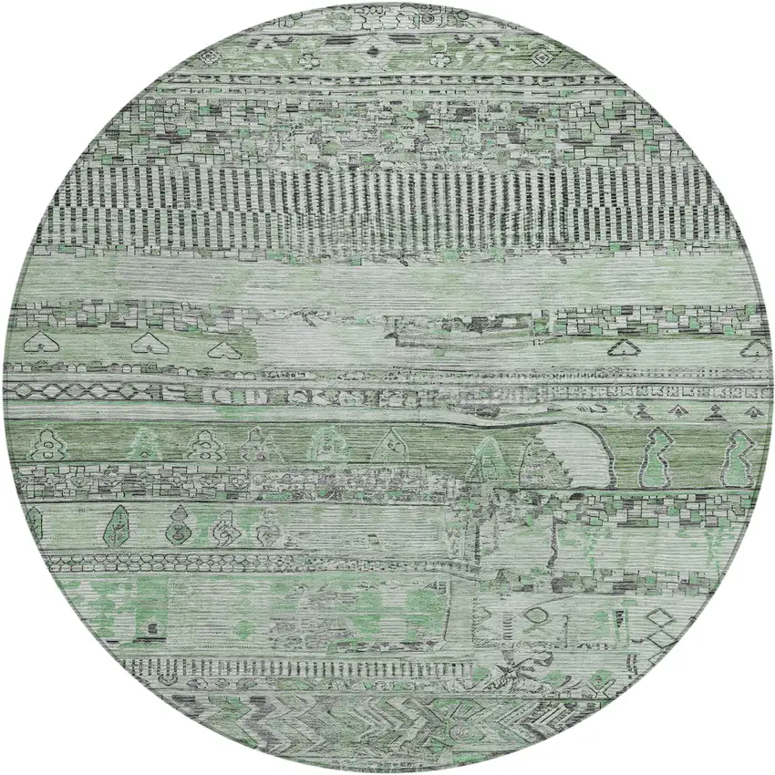 8' Sage And Gray Round Striped Washable Indoor Outdoor Area Rug Photo 1