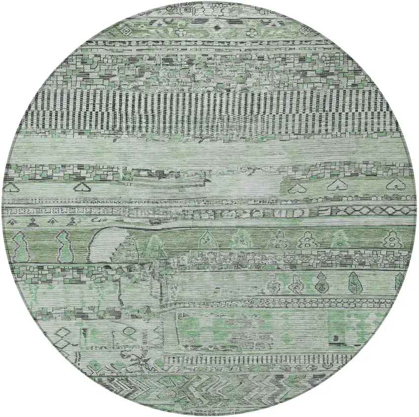 8' Sage And Gray Round Striped Washable Indoor Outdoor Area Rug Photo 3