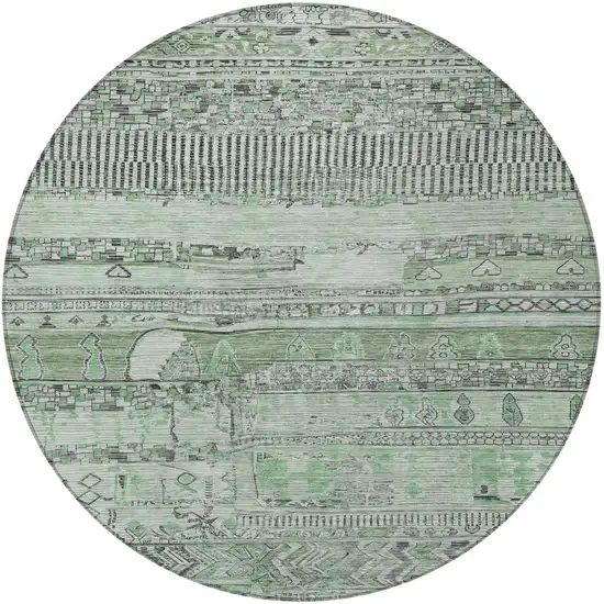 8' Sage And Gray Round Striped Washable Indoor Outdoor Area Rug Photo 3