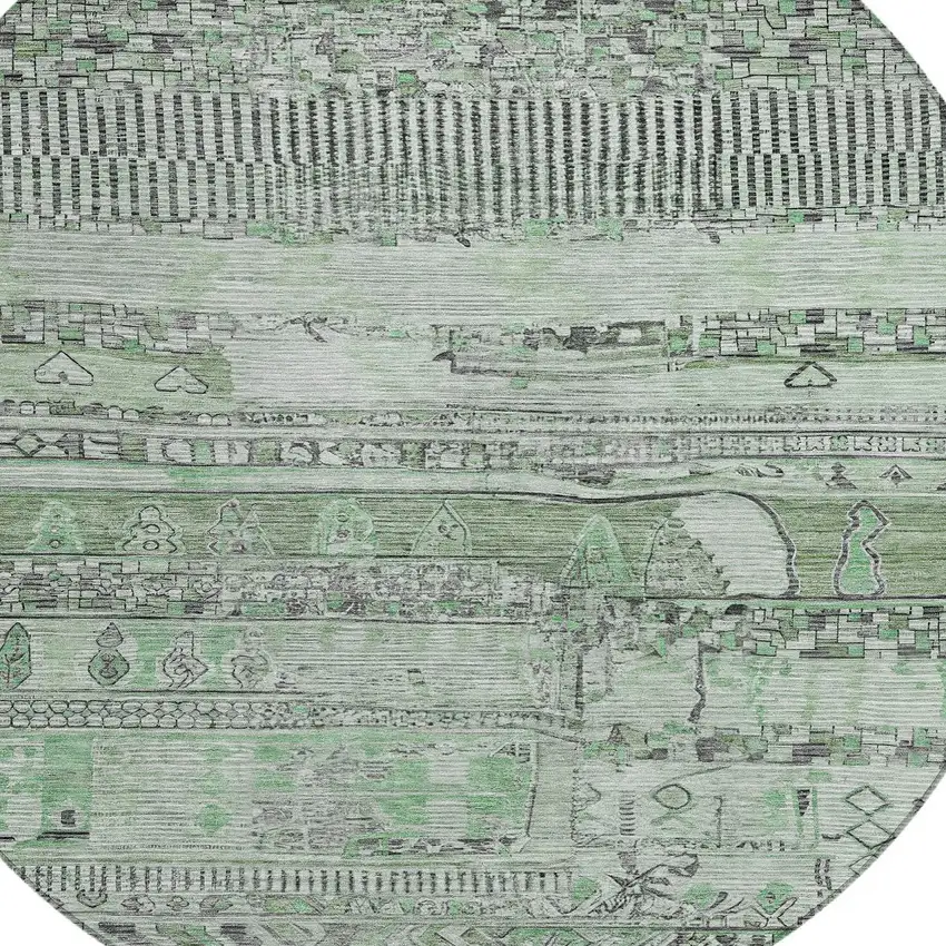 8' Sage And Gray Round Striped Washable Indoor Outdoor Area Rug Photo 8