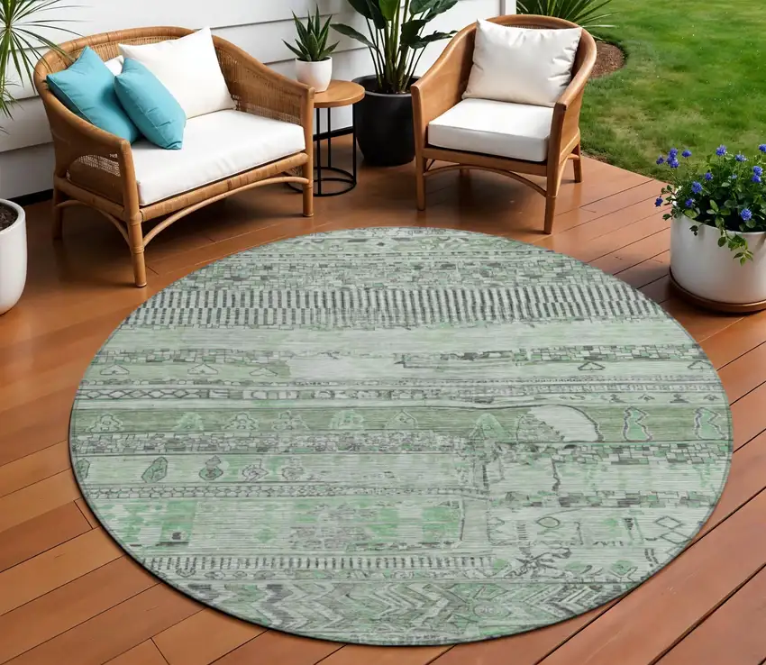 8' Sage And Gray Round Striped Washable Indoor Outdoor Area Rug Photo 2