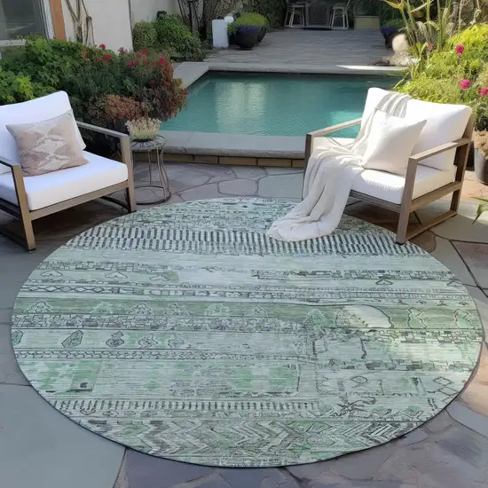 8' Sage And Gray Round Striped Washable Indoor Outdoor Area Rug Photo 5