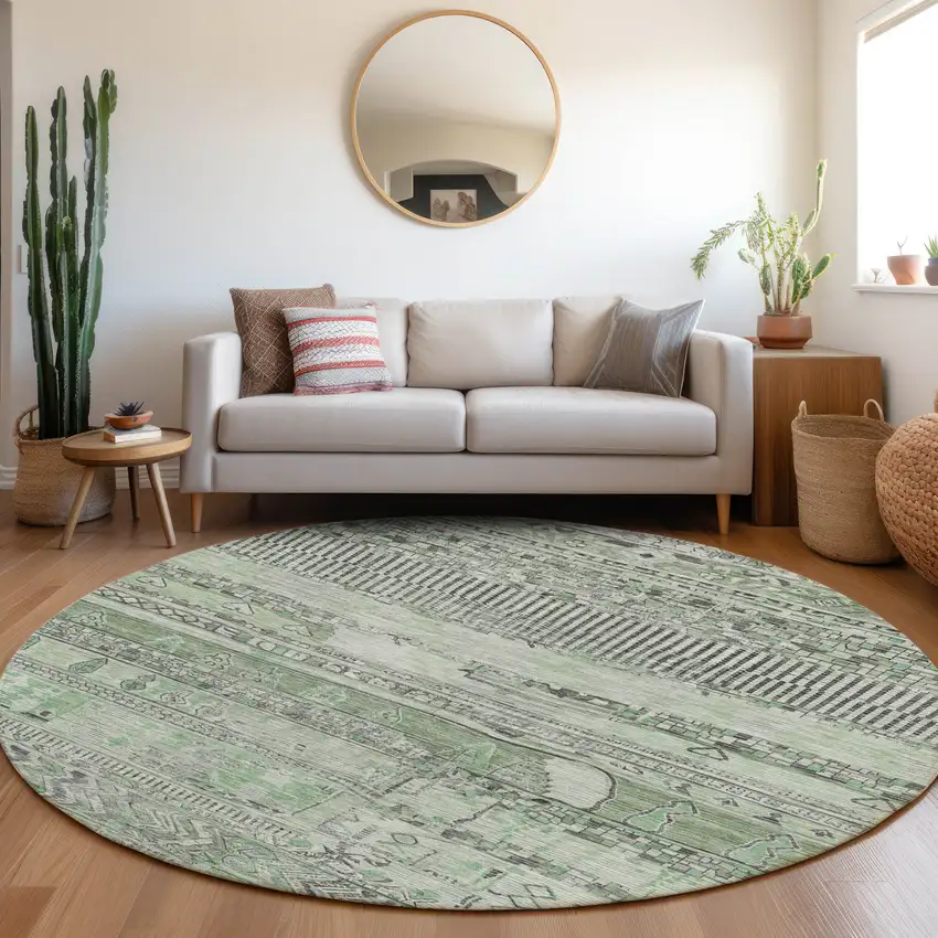 8' Sage And Gray Round Striped Washable Indoor Outdoor Area Rug Photo 6