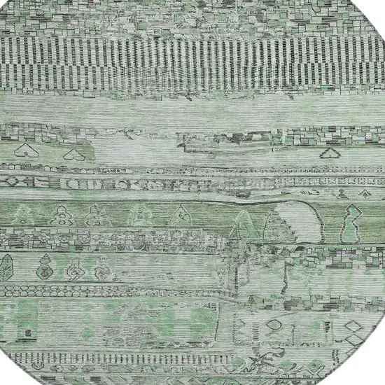 8' Sage And Gray Round Striped Washable Indoor Outdoor Area Rug Photo 4