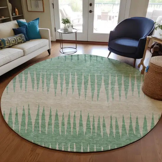 8' Sage And Gray Round Striped Washable Indoor Outdoor Area Rug Photo 7