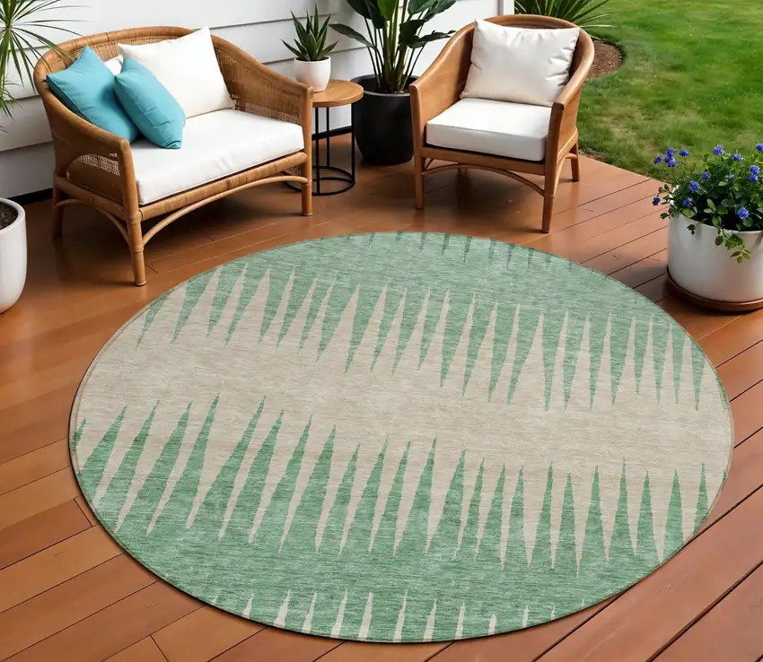 8' Sage And Gray Round Striped Washable Indoor Outdoor Area Rug Photo 1