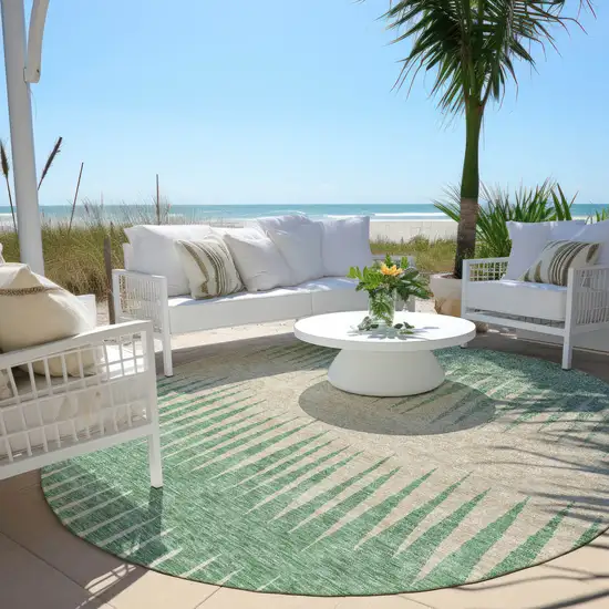 8' Sage And Gray Round Striped Washable Indoor Outdoor Area Rug Photo 6