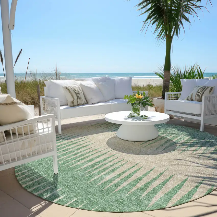 8' Sage And Gray Round Striped Washable Indoor Outdoor Area Rug Photo 6