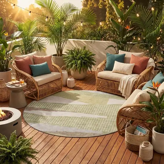 8' Sage And Green Round Abstract Washable Indoor Outdoor Area Rug Photo 1
