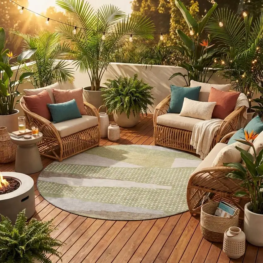 8' Sage And Green Round Abstract Washable Indoor Outdoor Area Rug Photo 1