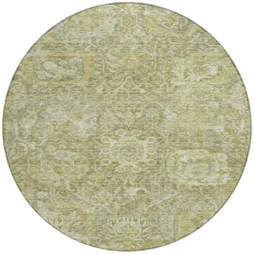 8' Sage And Green Round Damask Washable Indoor Outdoor Area Rug Photo 6