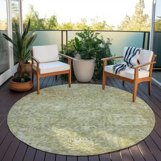 8' Sage And Green Round Damask Washable Indoor Outdoor Area Rug Photo 7