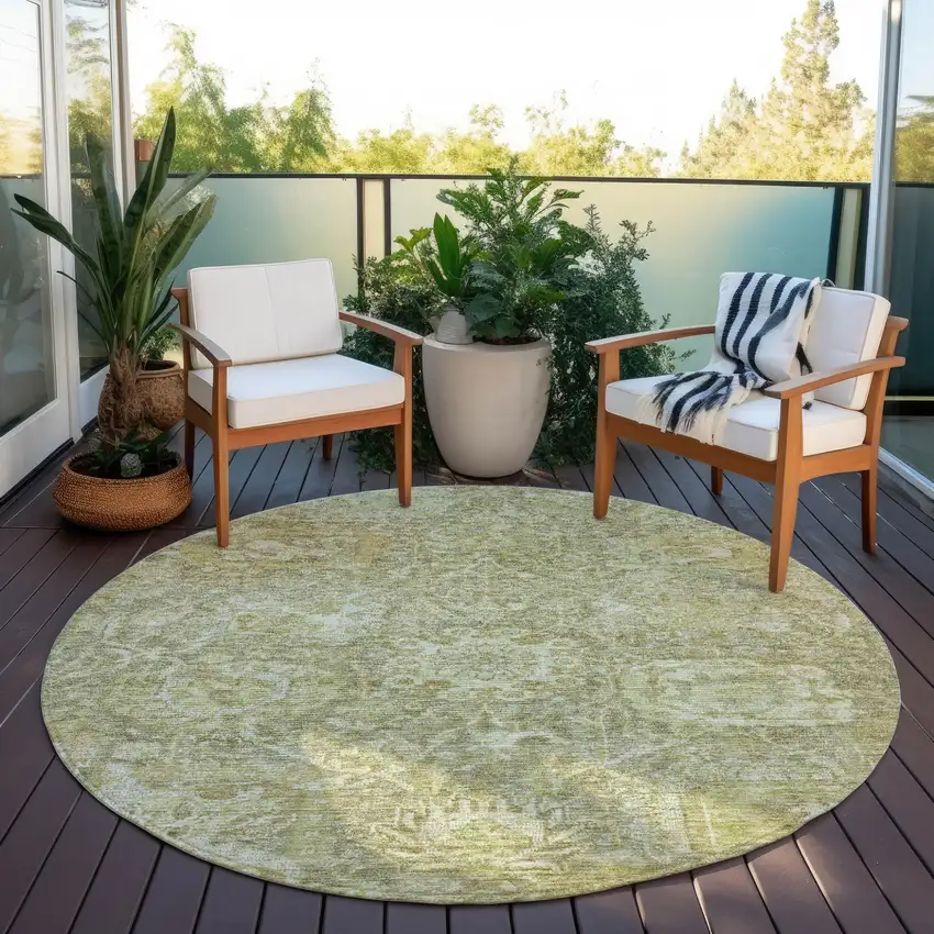 8' Sage And Green Round Damask Washable Indoor Outdoor Area Rug Photo 7