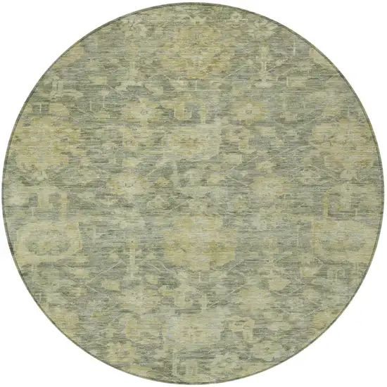 8' Sage And Green Round Damask Washable Indoor Outdoor Area Rug Photo 6