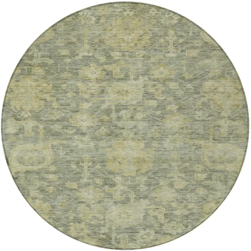8' Sage And Green Round Damask Washable Indoor Outdoor Area Rug Photo 6