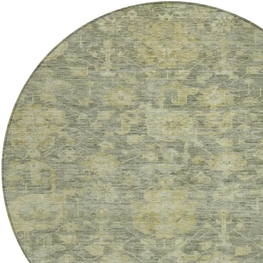 8' Sage And Green Round Damask Washable Indoor Outdoor Area Rug Photo 5