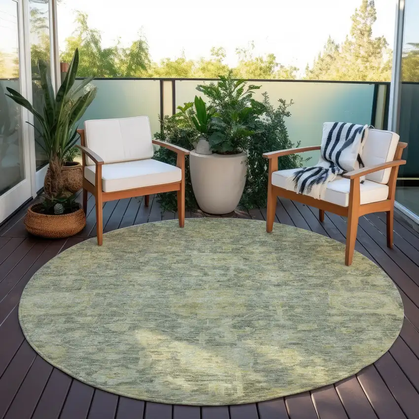 8' Sage And Green Round Damask Washable Indoor Outdoor Area Rug Photo 7