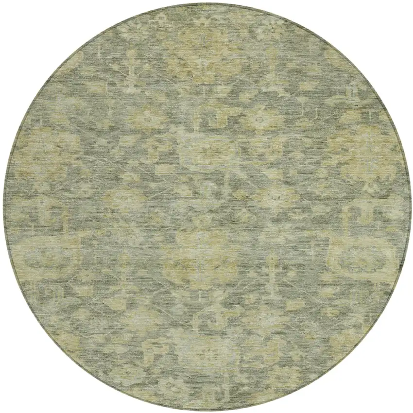 8' Sage And Green Round Damask Washable Indoor Outdoor Area Rug Photo 2