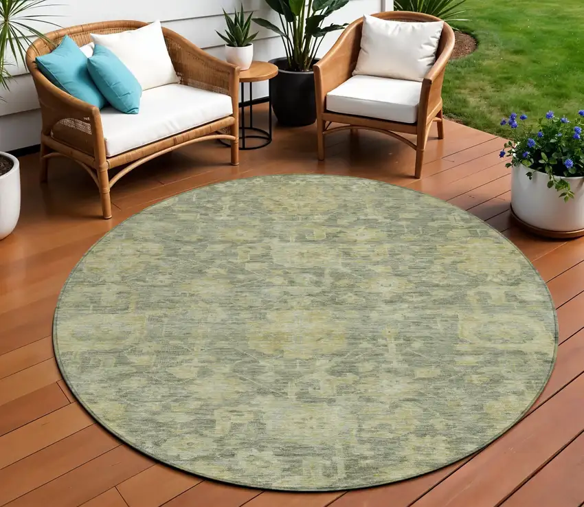 8' Sage And Green Round Damask Washable Indoor Outdoor Area Rug Photo 1