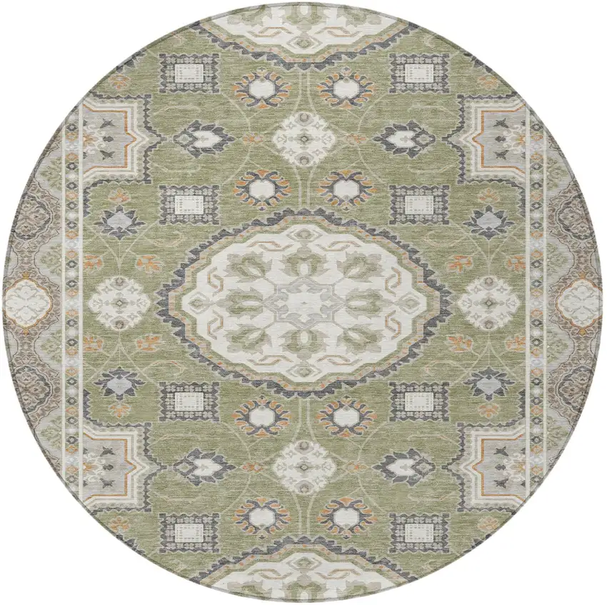 8' Sage And Green Round Floral Medallion Washable Indoor Outdoor Area Rug Photo 3