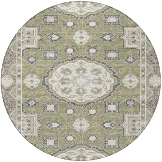 8' Sage And Green Round Floral Medallion Washable Indoor Outdoor Area Rug Photo 3