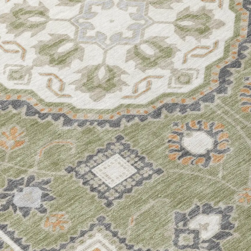 8' Sage And Green Round Floral Medallion Washable Indoor Outdoor Area Rug Photo 5
