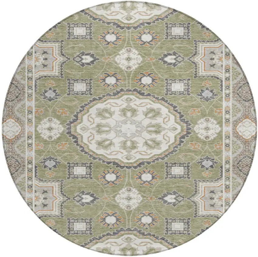 8' Sage And Green Round Floral Medallion Washable Indoor Outdoor Area Rug Photo 2