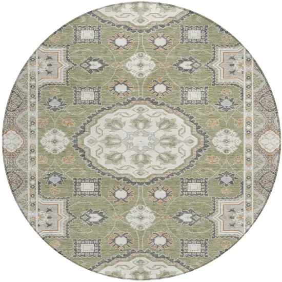8' Sage And Green Round Floral Medallion Washable Indoor Outdoor Area Rug Photo 2