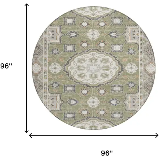 8' Sage And Green Round Floral Medallion Washable Indoor Outdoor Area Rug Photo 6