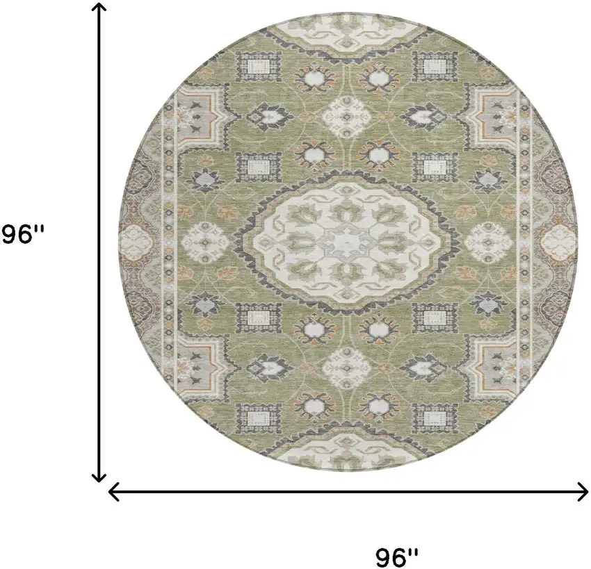 8' Sage And Green Round Floral Medallion Washable Indoor Outdoor Area Rug Photo 6