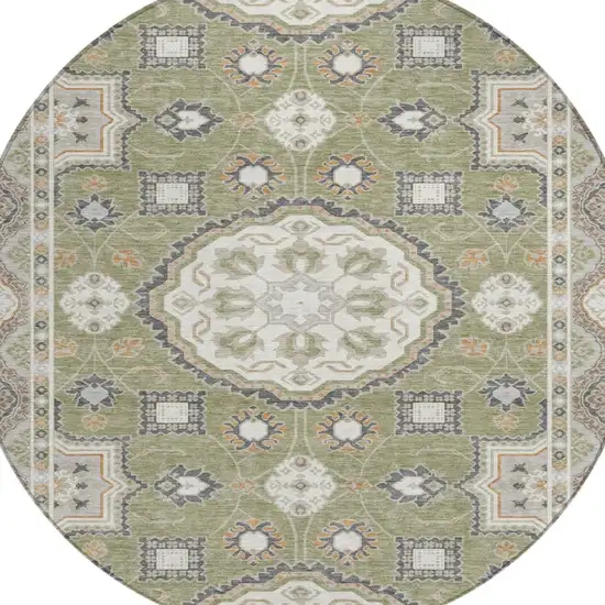 8' Sage And Green Round Floral Medallion Washable Indoor Outdoor Area Rug Photo 1
