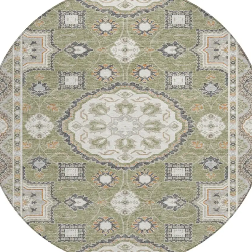 8' Sage And Green Round Floral Medallion Washable Indoor Outdoor Area Rug Photo 1