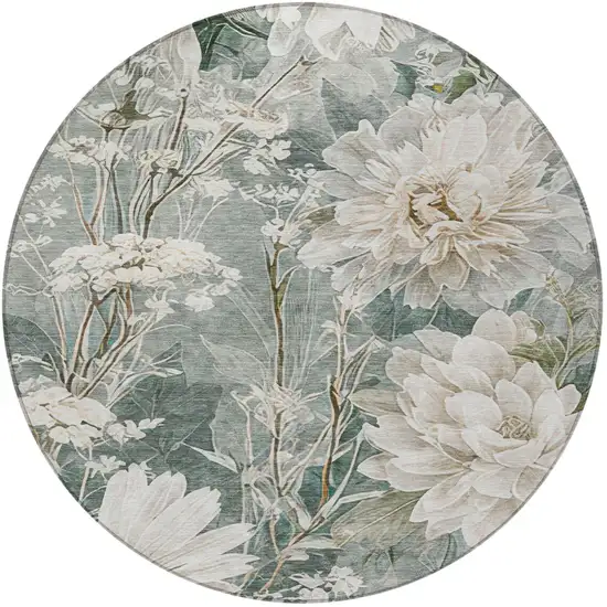 8' Sage And Green Round Floral Washable Indoor Outdoor Area Rug Photo 3