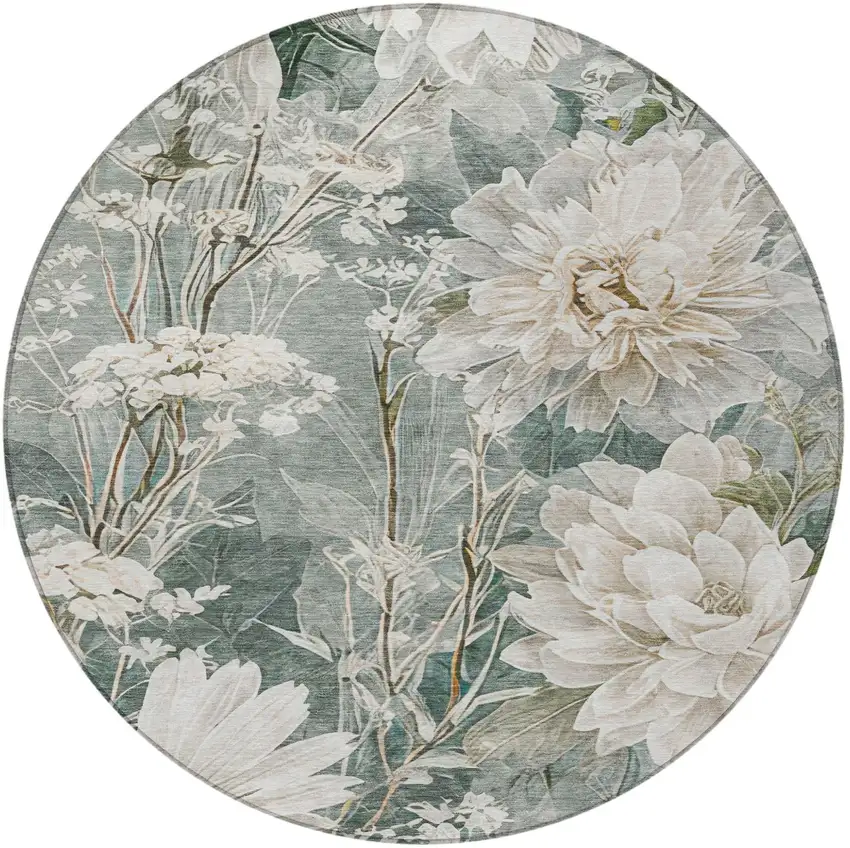 8' Sage And Green Round Floral Washable Indoor Outdoor Area Rug Photo 3