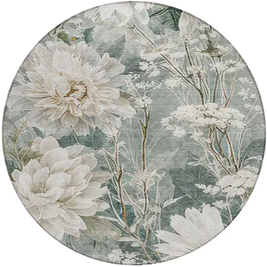 8' Sage And Green Round Floral Washable Indoor Outdoor Area Rug Photo 2