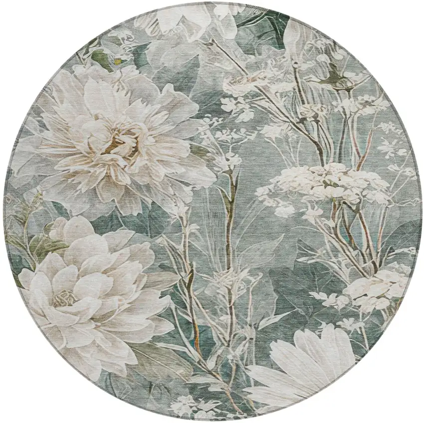 8' Sage And Green Round Floral Washable Indoor Outdoor Area Rug Photo 2