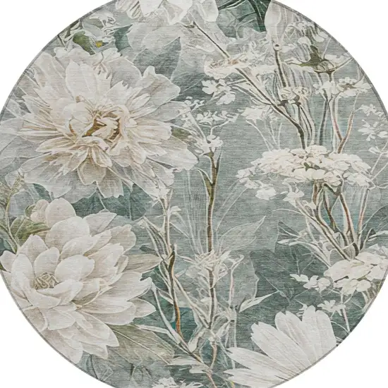 8' Sage And Green Round Floral Washable Indoor Outdoor Area Rug Photo 1