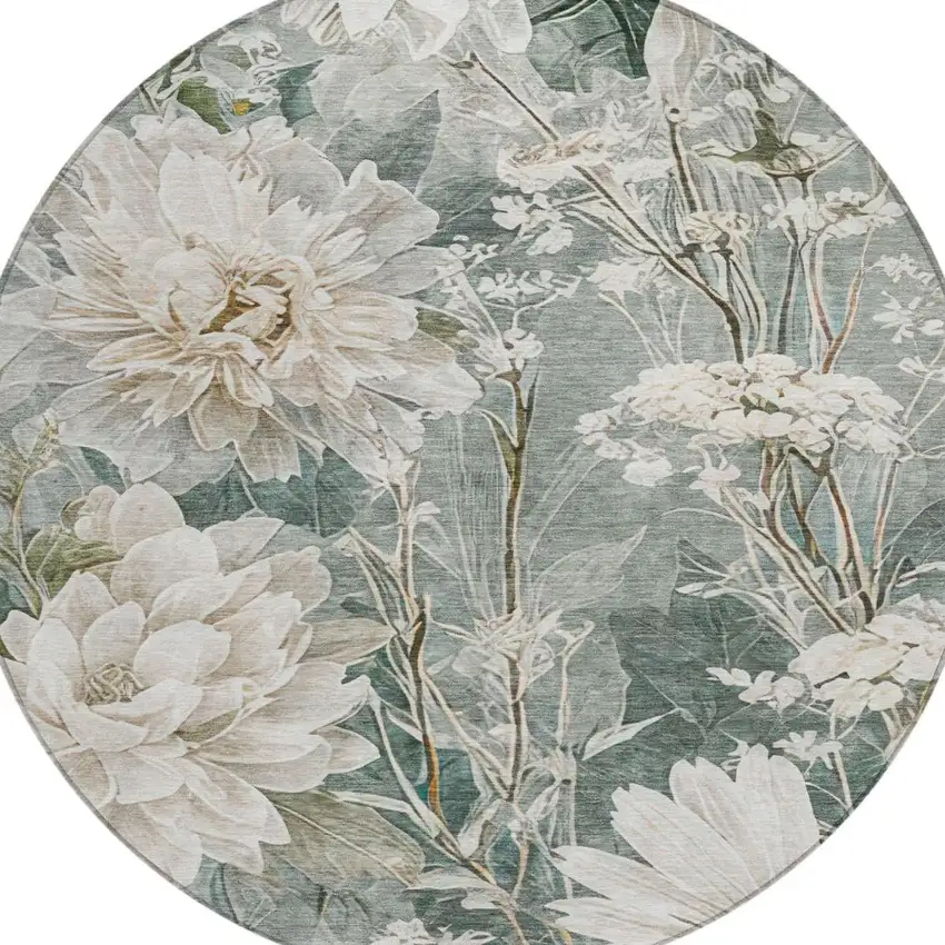 8' Sage And Green Round Floral Washable Indoor Outdoor Area Rug Photo 1