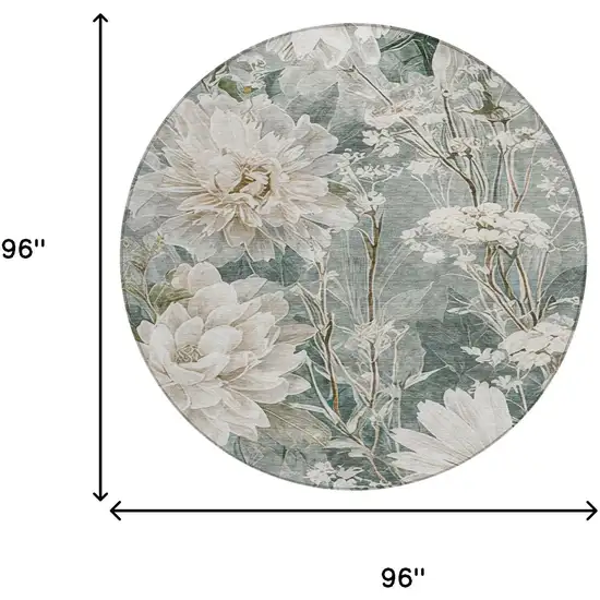 8' Sage And Green Round Floral Washable Indoor Outdoor Area Rug Photo 6