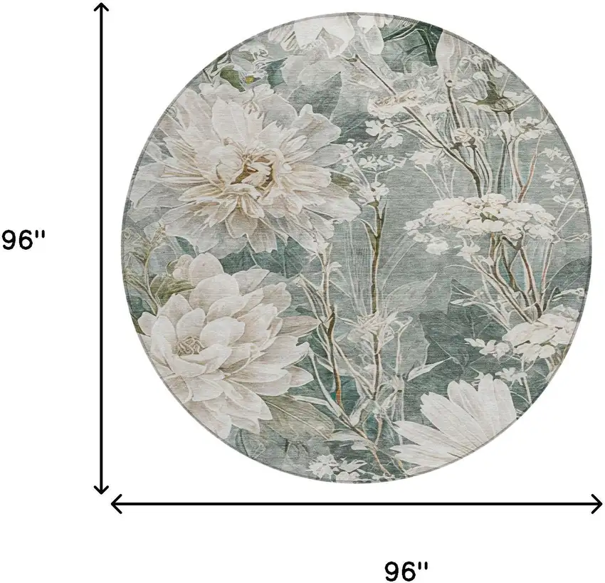 8' Sage And Green Round Floral Washable Indoor Outdoor Area Rug Photo 6