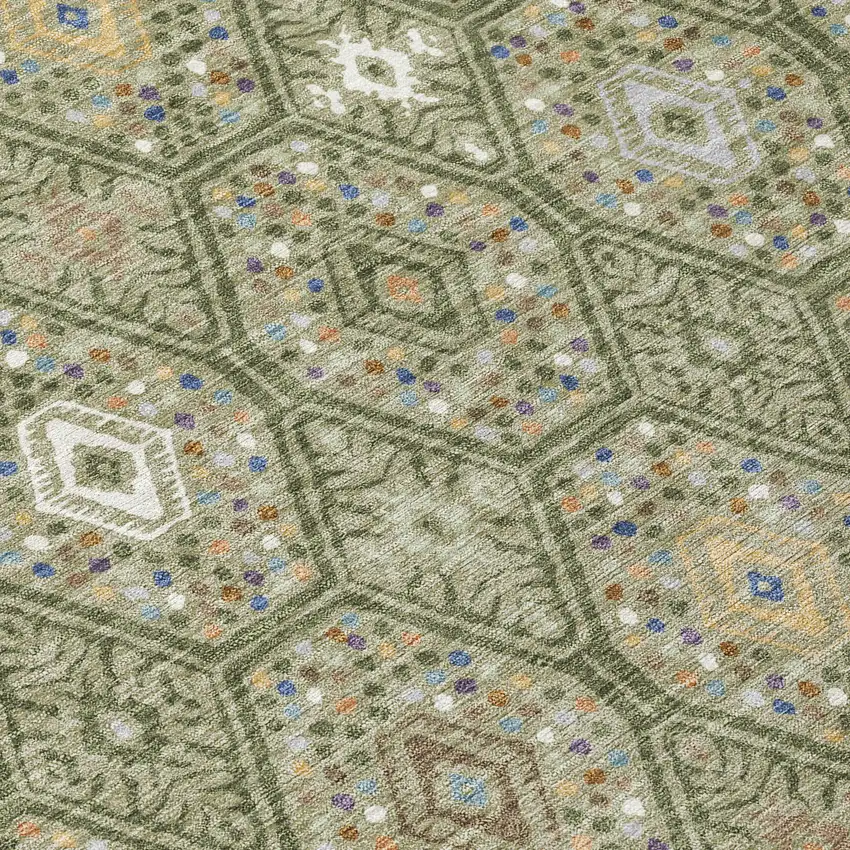 8' Sage And Green Round Geometric Washable Indoor Outdoor Area Rug Photo 7