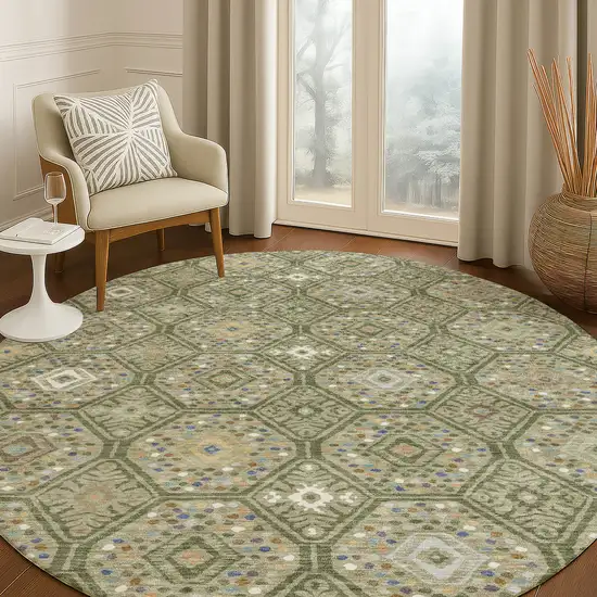 8' Sage And Green Round Geometric Washable Indoor Outdoor Area Rug Photo 5